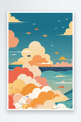 海边有彩色的云和空中飞翔的鱼创意背景