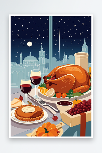 感恩节食夜景氛围海报