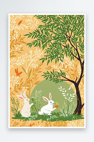 风春天节日节气兔子柳叶吃青团壁纸