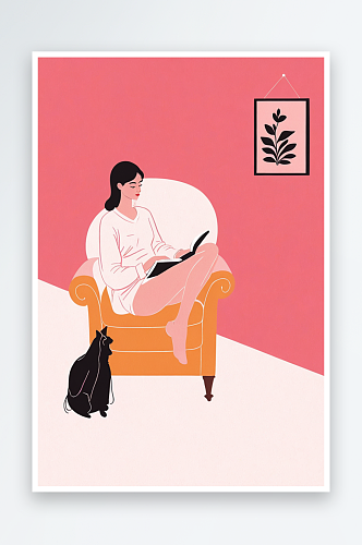 粉色背景房间坐在沙发上读书的温柔女孩