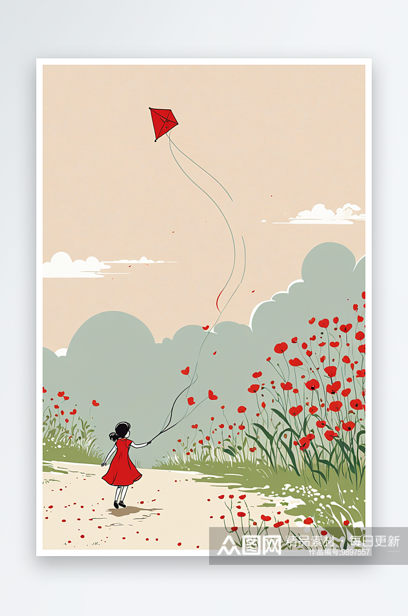 放风筝穿红裙子的小女孩在花丛中素材