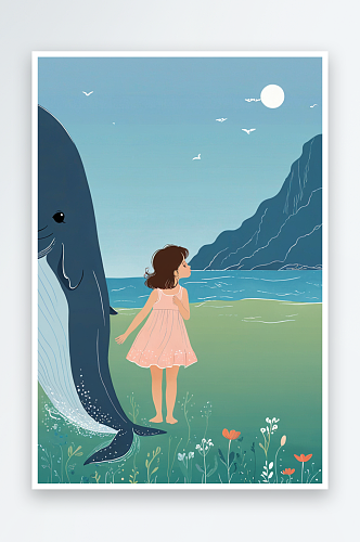 儿童亲吻鲸鱼的小女孩