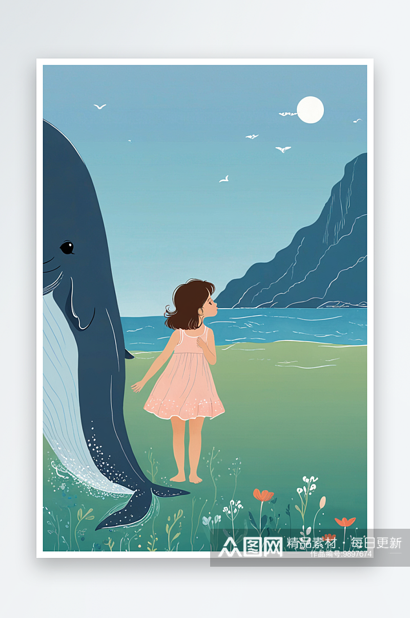 儿童亲吻鲸鱼的小女孩素材