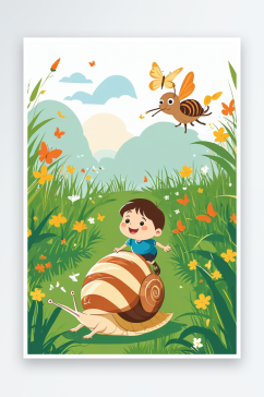 儿童节草丛中骑在蜗牛上捕蝴蝶的男孩