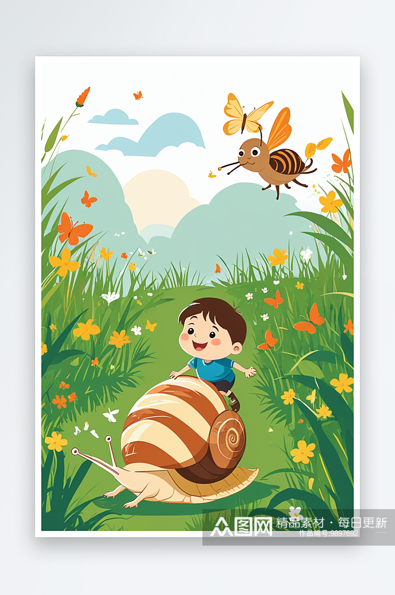 儿童节草丛中骑在蜗牛上捕蝴蝶的男孩素材
