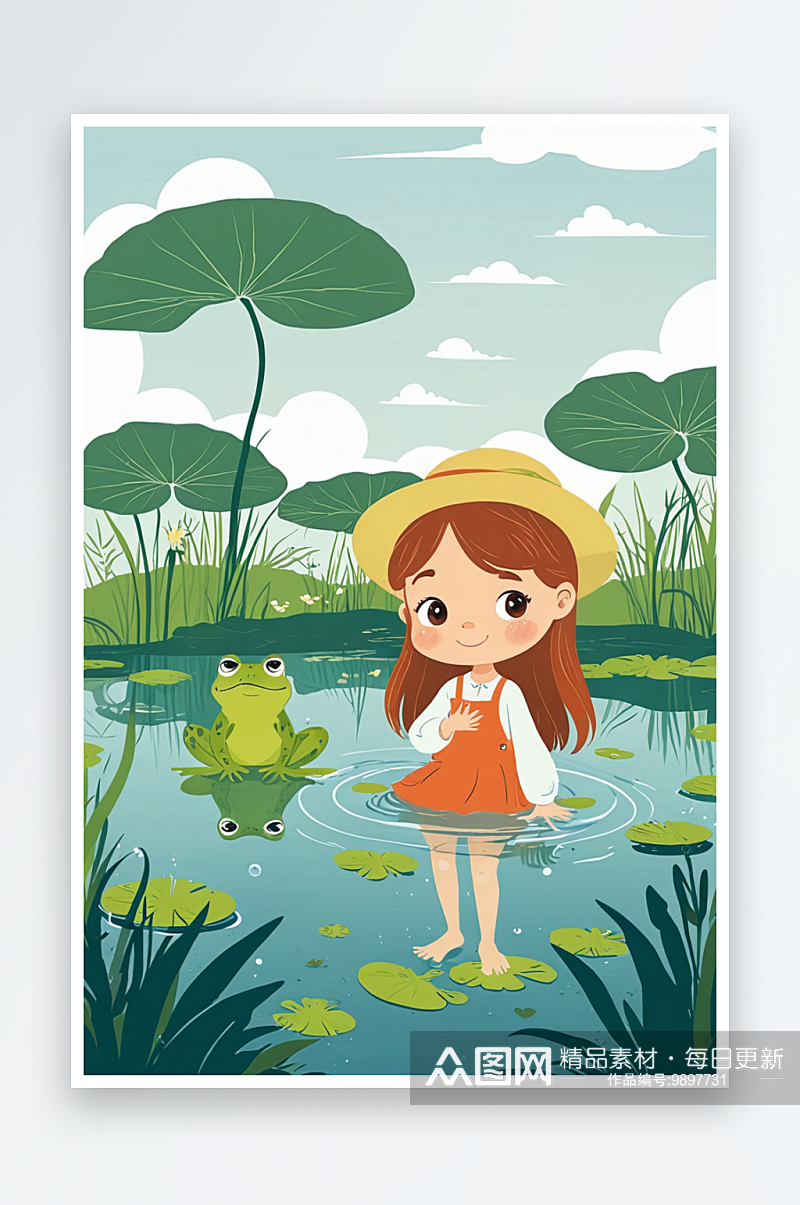 儿童池塘小女孩和青蛙素材