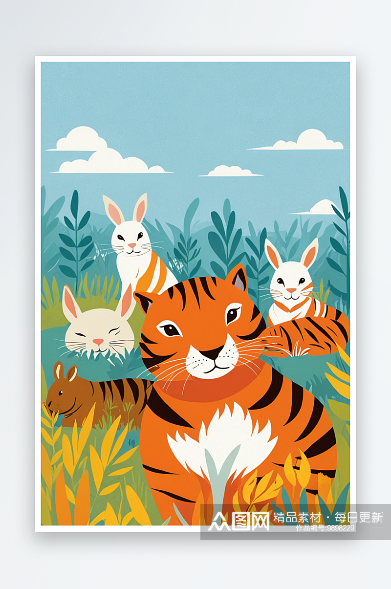 动物大世界系列一群兔和老虎素材