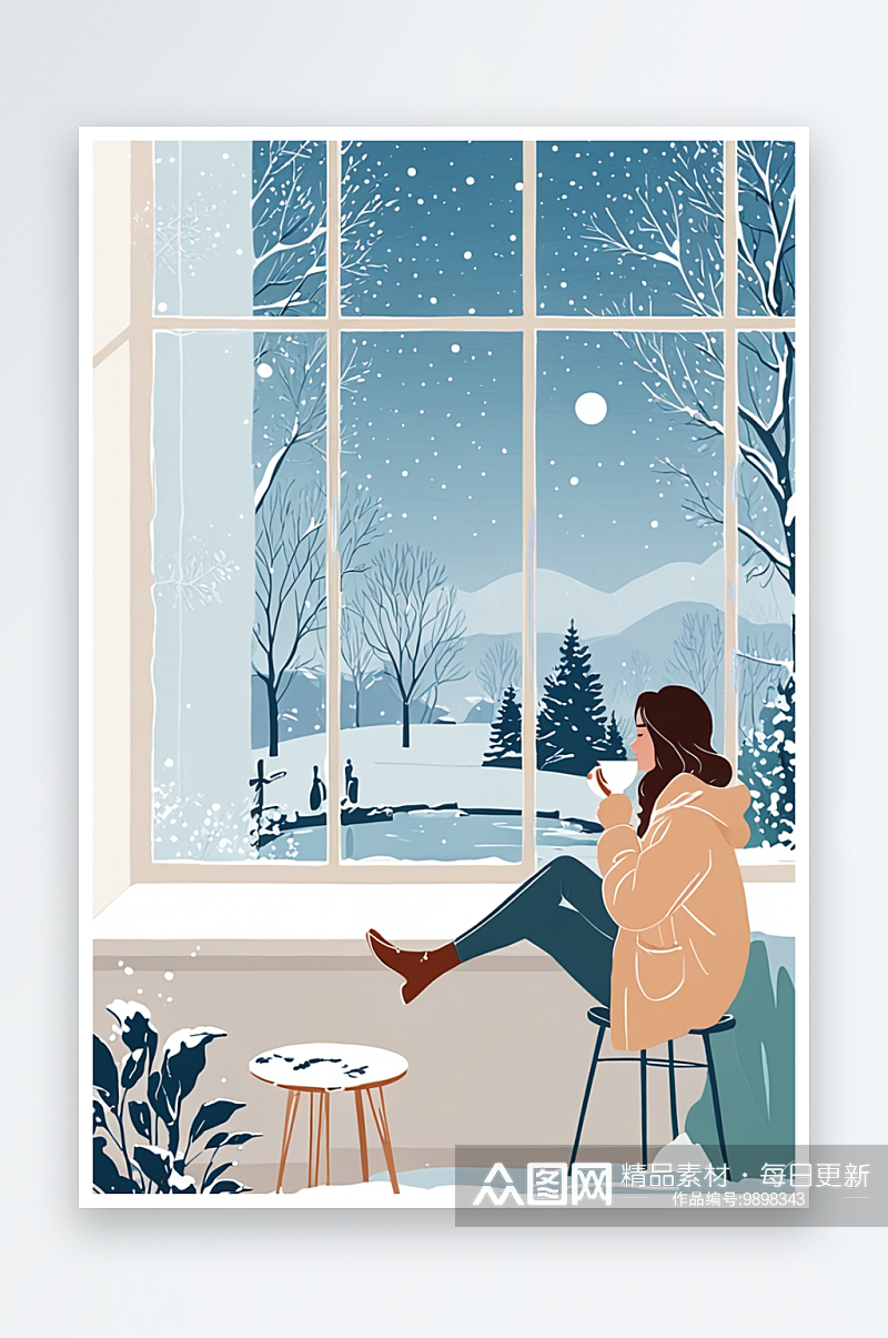 冬天下雪室内喝茶看雪窗户外女孩素材