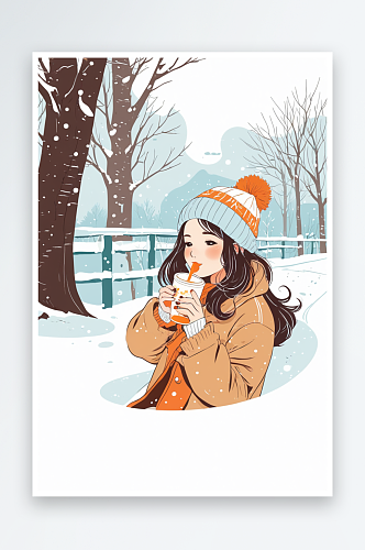 冬日女孩喝奶茶图片
