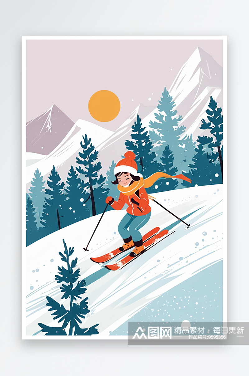 冬季户外滑雪运动躺在雪里休闲快乐松树女孩素材
