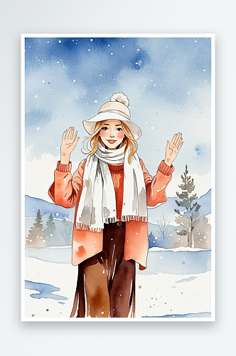 戴着帽子围巾的少女站在雪地挥手水彩