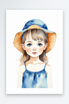 戴蓝色帽子穿蓝色吊带的小女孩水彩