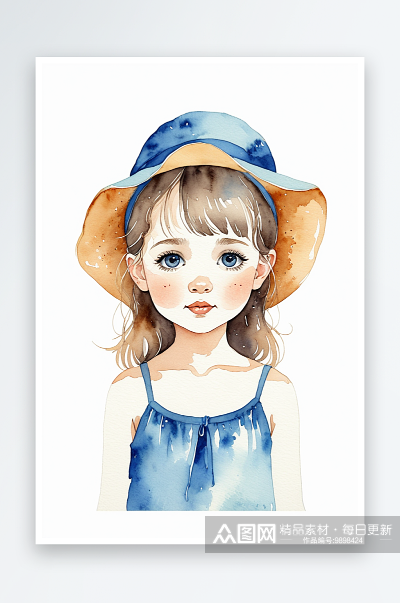 戴蓝色帽子穿蓝色吊带的小女孩水彩素材