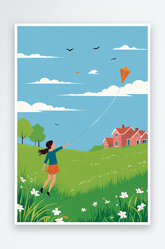春天在草地上放风筝的女孩