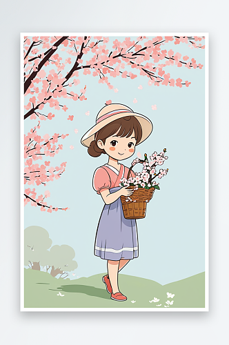 春天樱花树下女孩挎着花篮扁平风卡通背景素