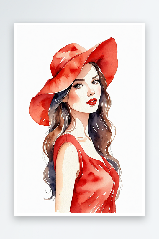 穿红色衣服戴着红色帽子的时尚女手绘水彩