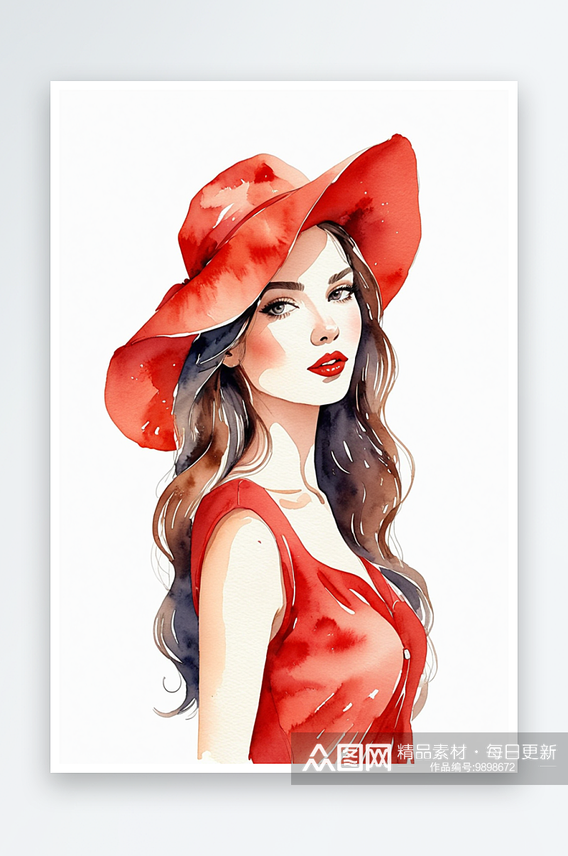 穿红色衣服戴着红色帽子的时尚女手绘水彩素材