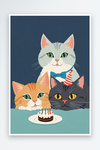 吃生日蛋糕的三只猫咪
