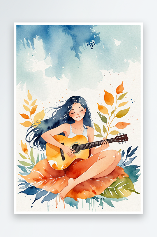 超清新唯水彩人物坐在树叶上弹吉他的女孩