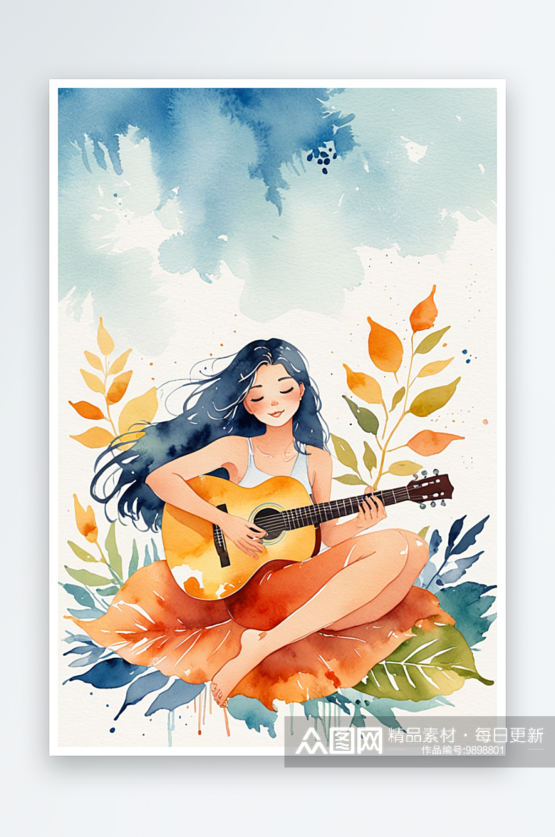 超清新唯水彩人物坐在树叶上弹吉他的女孩素材