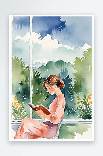 超清新唯水彩人物在窗户前读书的女孩