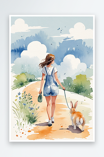 超清新唯水彩人物女孩和兔子去散步