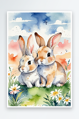 超可爱唯儿童动物水彩两只可爱的兔子