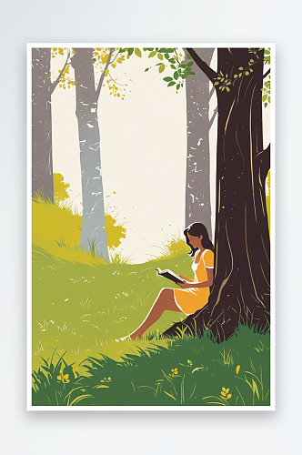 草地上坐在树下读书的女孩