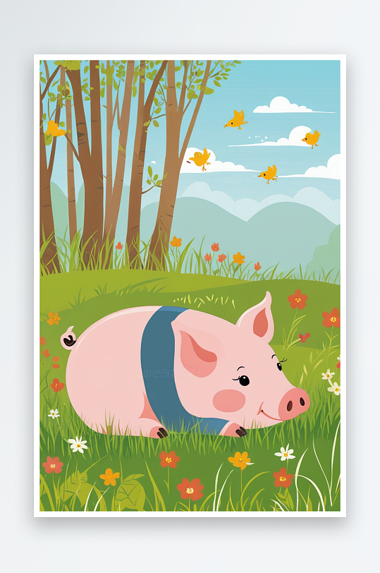 草地上的可爱小猪萌趣可爱的动物儿童