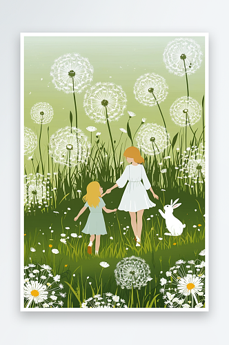 白露节气女孩和兔子在蒲公英草丛中玩耍