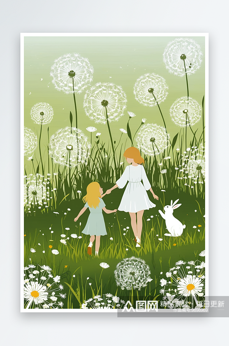 白露节气女孩和兔子在蒲公英草丛中玩耍素材