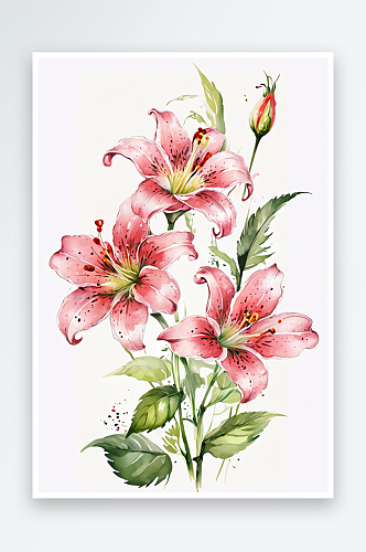 手绘水彩花卉手绘水彩花卉盛开粉色百合花