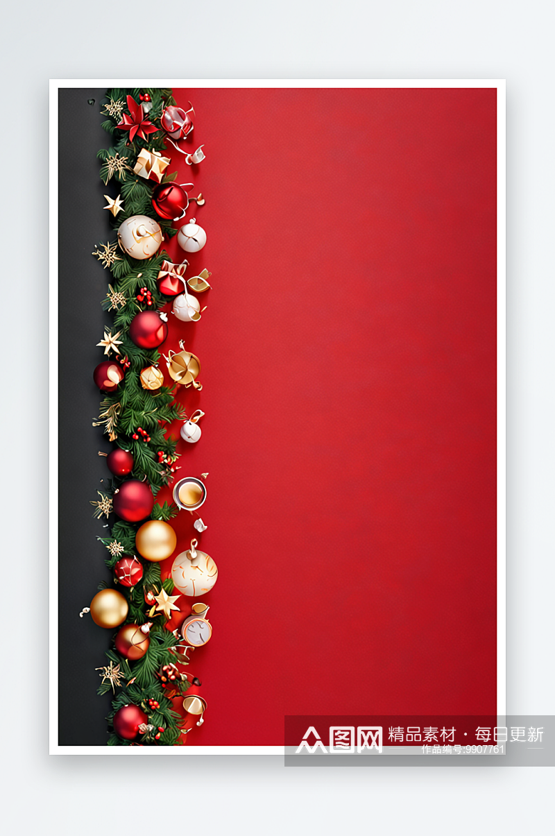 圣诞装饰背景红色与圣诞老人帽子玻璃球素材