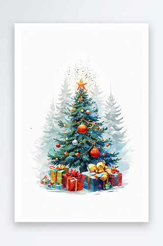 圣诞树有礼物礼品盒弓孤立白色背景圣诞树花