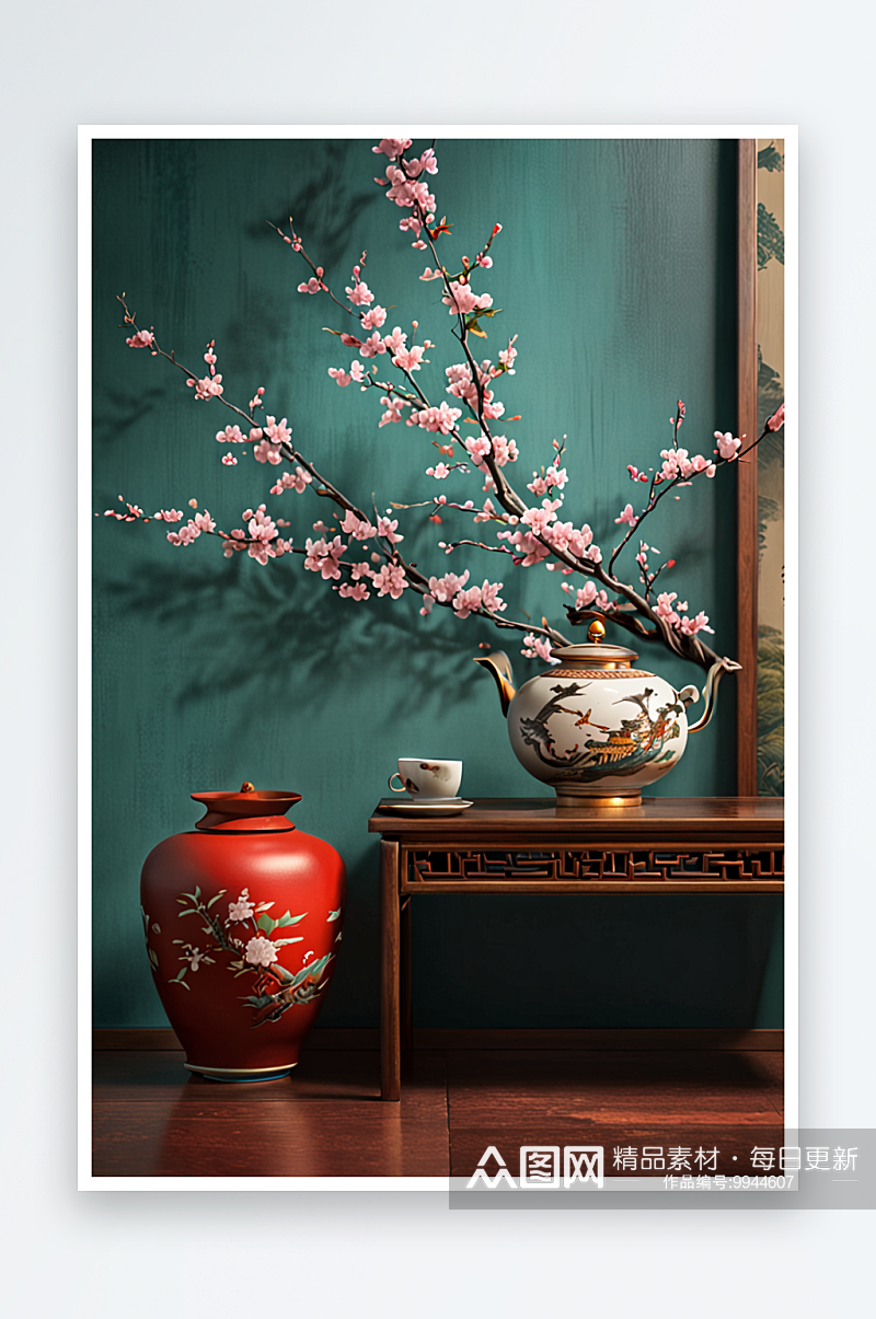 中式花瓶里鲜花图片素材