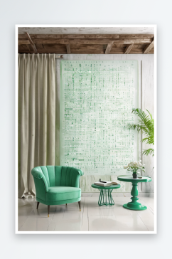 绿松石色扶手椅与咖啡桌鲜花空白墙模板