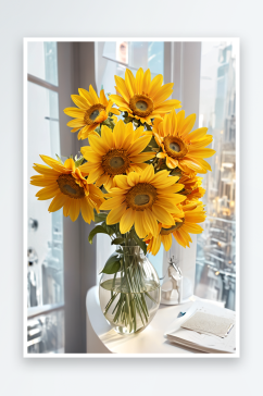 窗台上花瓶里黄色花朵特写