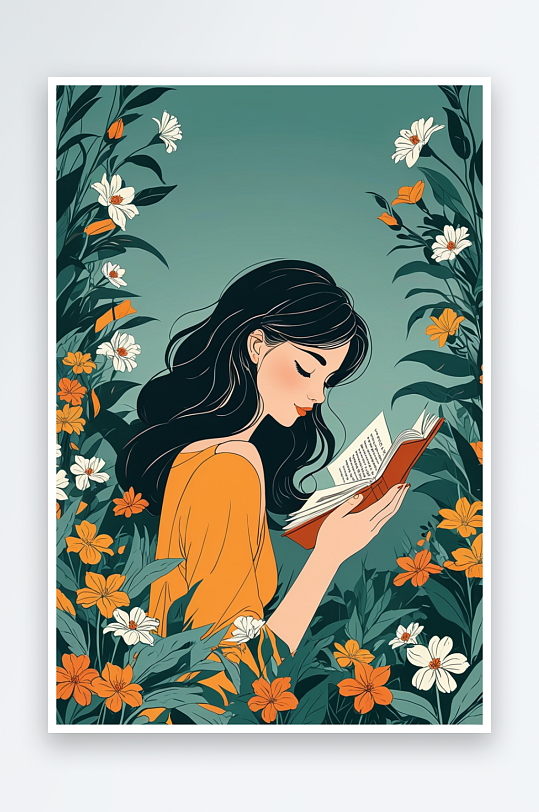 数字艺术花丛中阅读的女孩