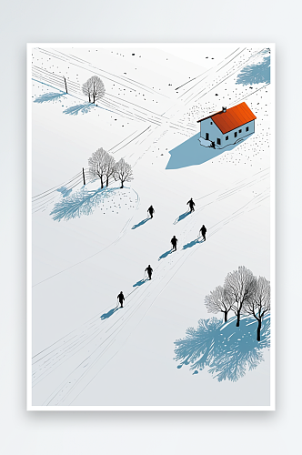 数字艺术航拍冬天在雪地上行走的人