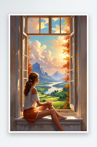 数字艺术一个女孩坐在窗前看风景