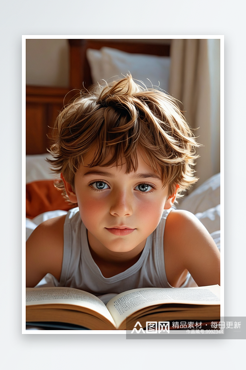数字艺术一个男孩睡前趴在床上看书素材