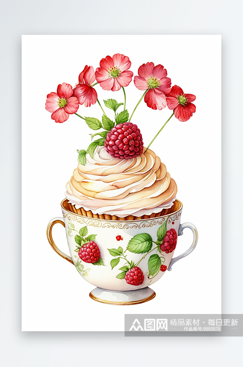 装饰了一个小树莓的茶杯蛋糕水彩手绘素材