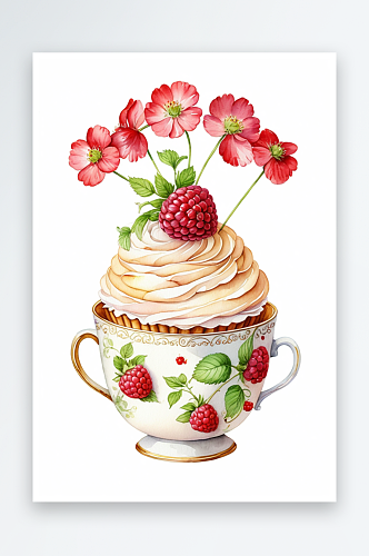 装饰了一个小树莓的茶杯蛋糕水彩手绘