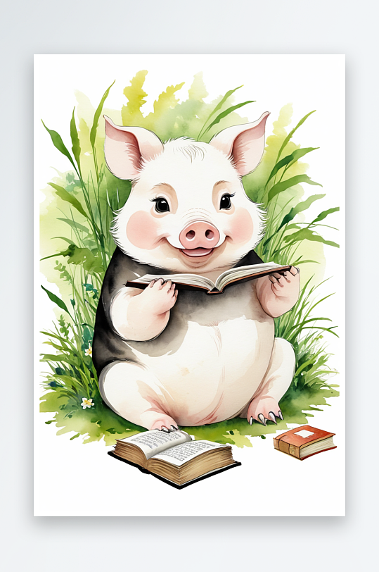 中水墨猪年坐在草地上看书的猪