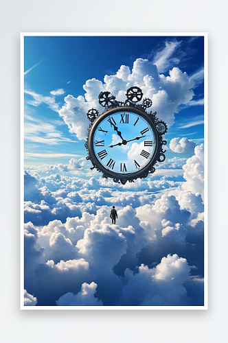 在云端行走的时间旅行者背景是云层和时钟齿
