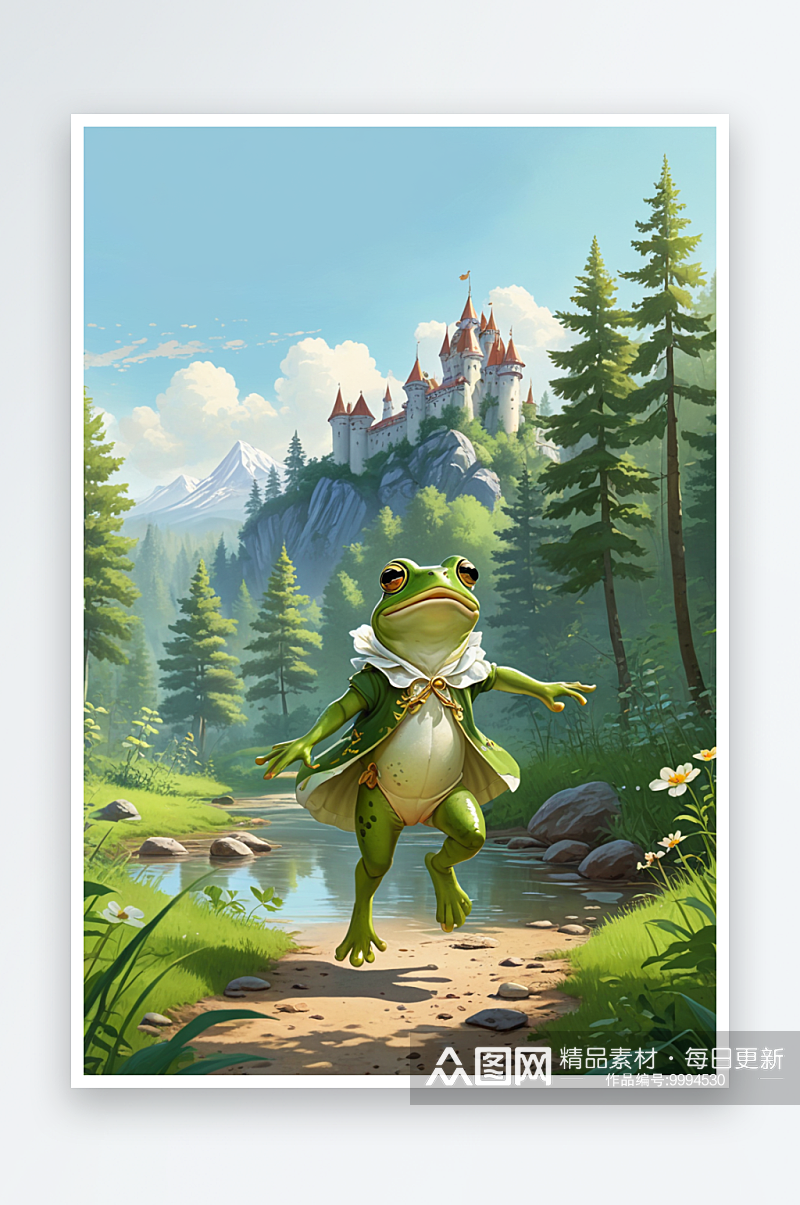 在树林上奔跑的青蛙王子萌趣可爱的动物儿童素材