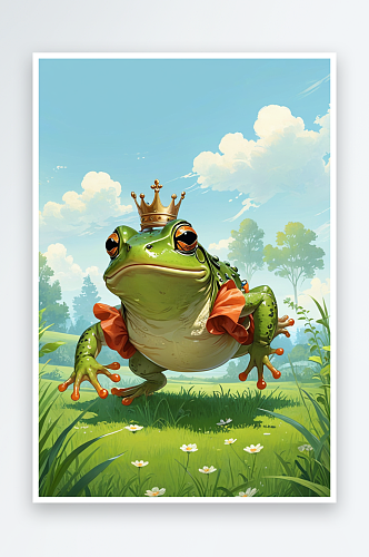 在草地上奔跑的青蛙王子萌趣可爱的动物儿童