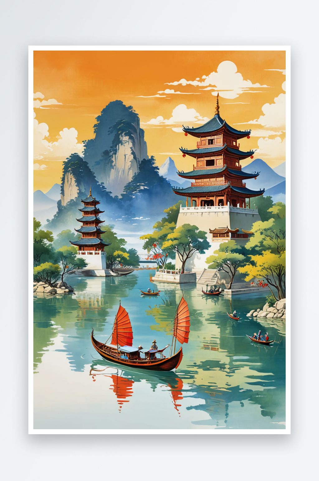 云南城市大理崇圣寺三塔划船旅游景点新中式素材