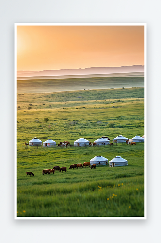 有牛群和蒙古包的开阔广袤的大草原