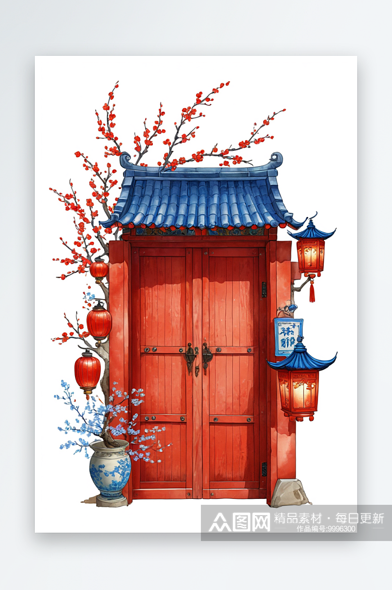 新年挂着灯笼的红色青瓦门头大门与梅花花丛素材